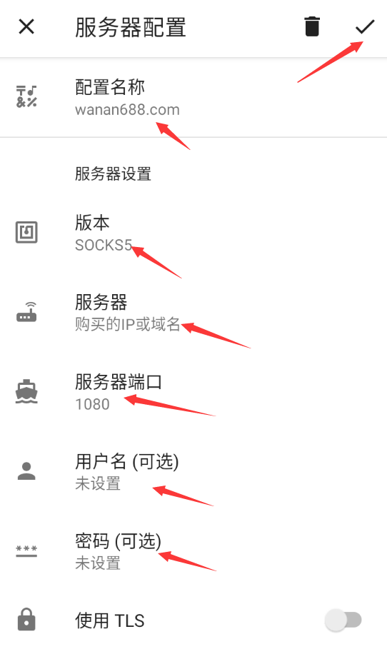 万安科技 Android SOCKS5 (AnXray) 教程 - 步骤3: 填写节点信息 1